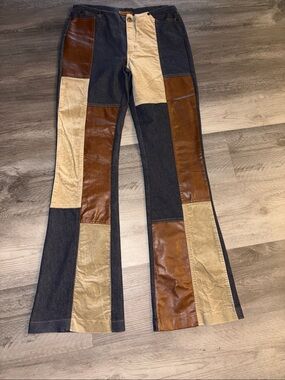 Vintage Patchwork Flare Jeans in Black, Brown & Cream